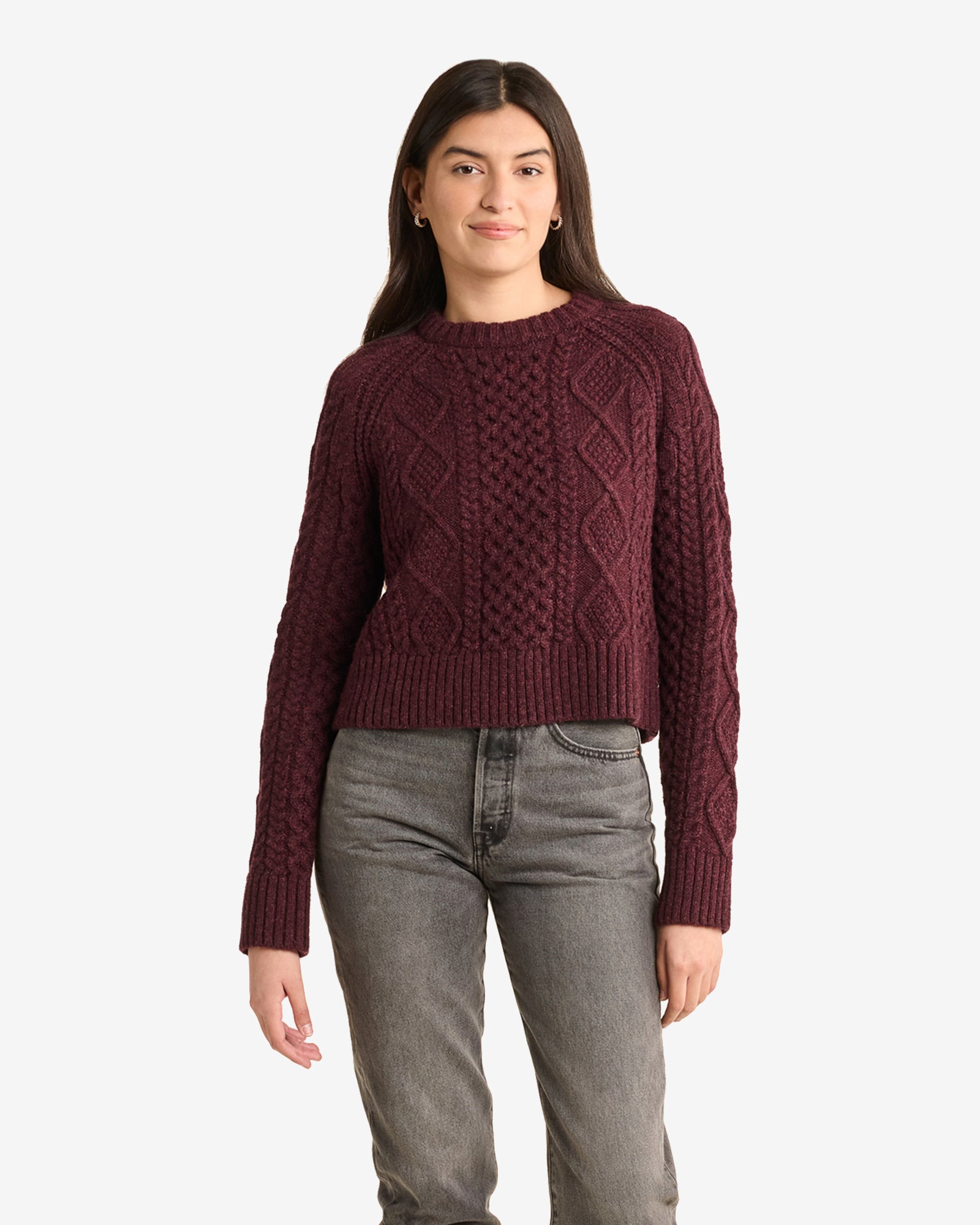Cropped Fisherman Sweater Burgundy Heather