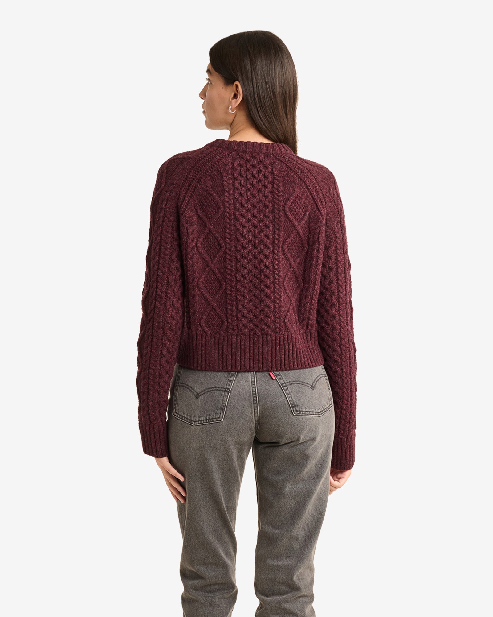 Cropped Fisherman Sweater Burgundy Heather