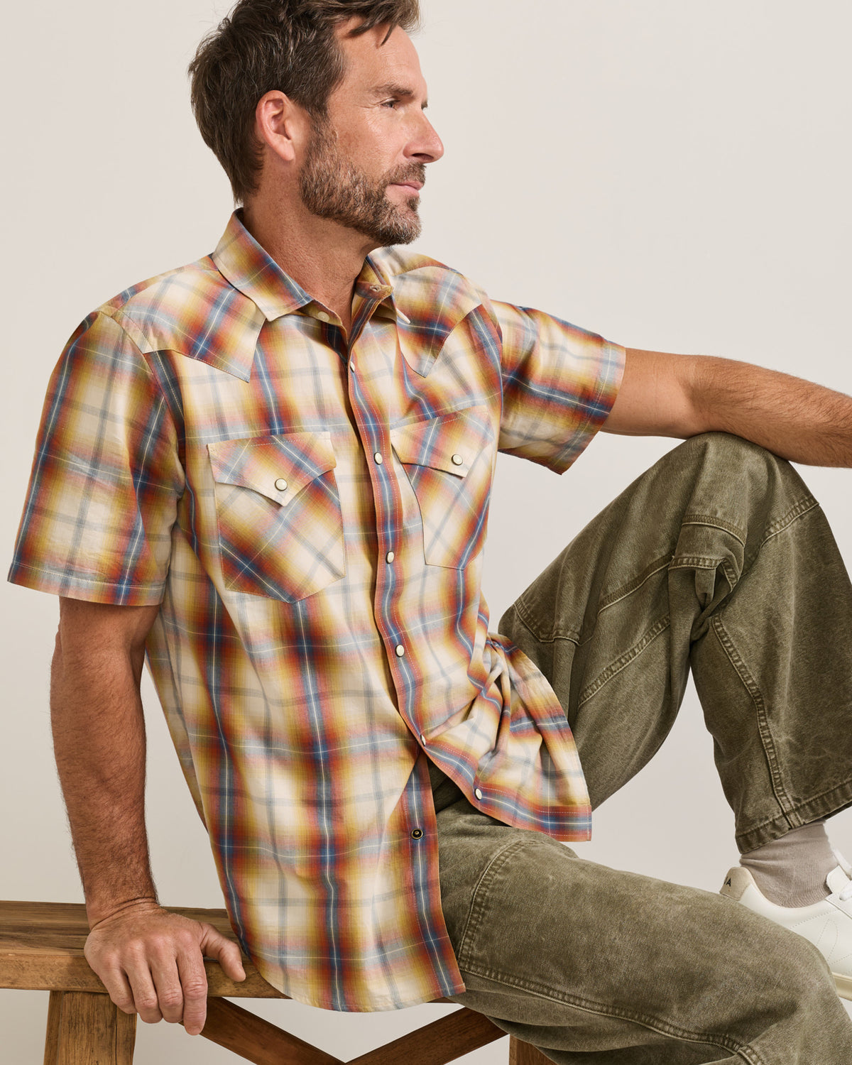 Pendleton Men's Frontier Short Sleeve Shirt in Tan/Blue/Rust Plaid
