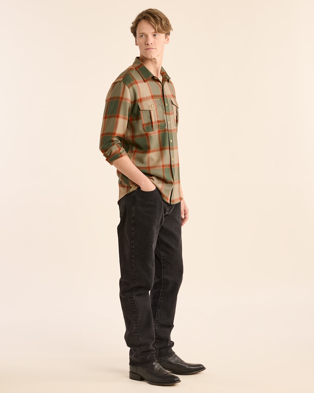 Pendleton Men's Harrison Merino Shirt in Blue/Tan Mix Plaid – view 5