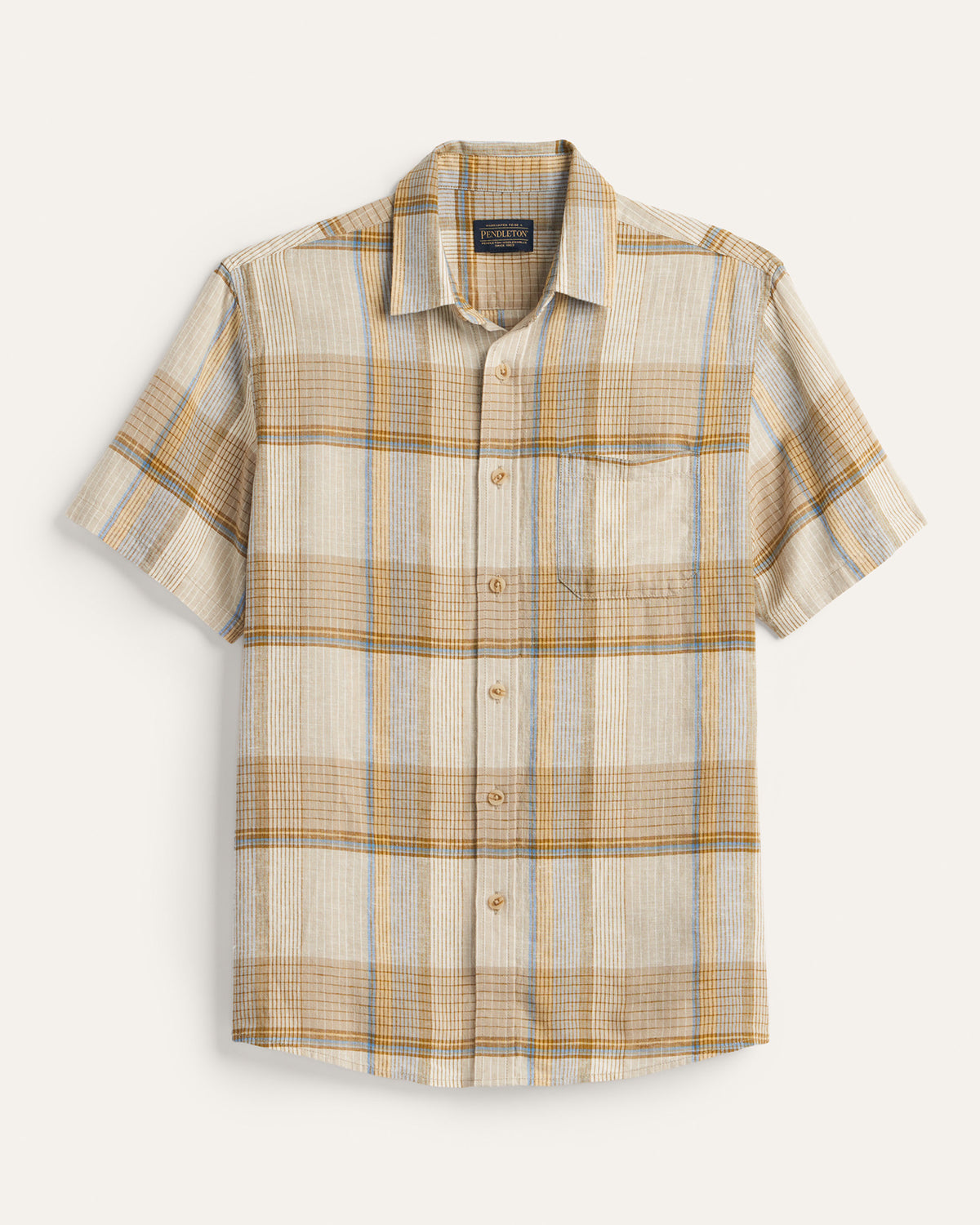 Dawson Linen Shirt SS Ecru/Tan/Blue Plaid