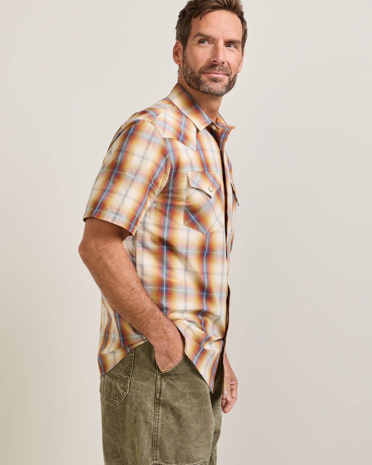 Pendleton Men's Frontier Short Sleeve Shirt in Tan/Blue/Rust Plaid – view 3