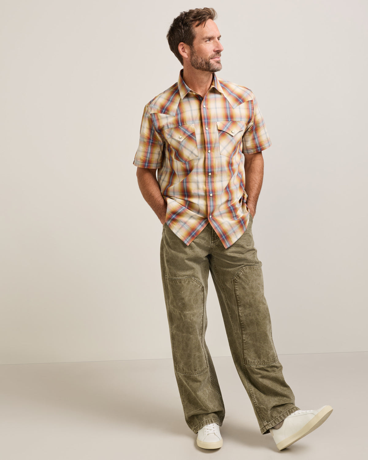 Pendleton Men's Frontier Short Sleeve Shirt in Tan/Blue/Rust Plaid – view 6